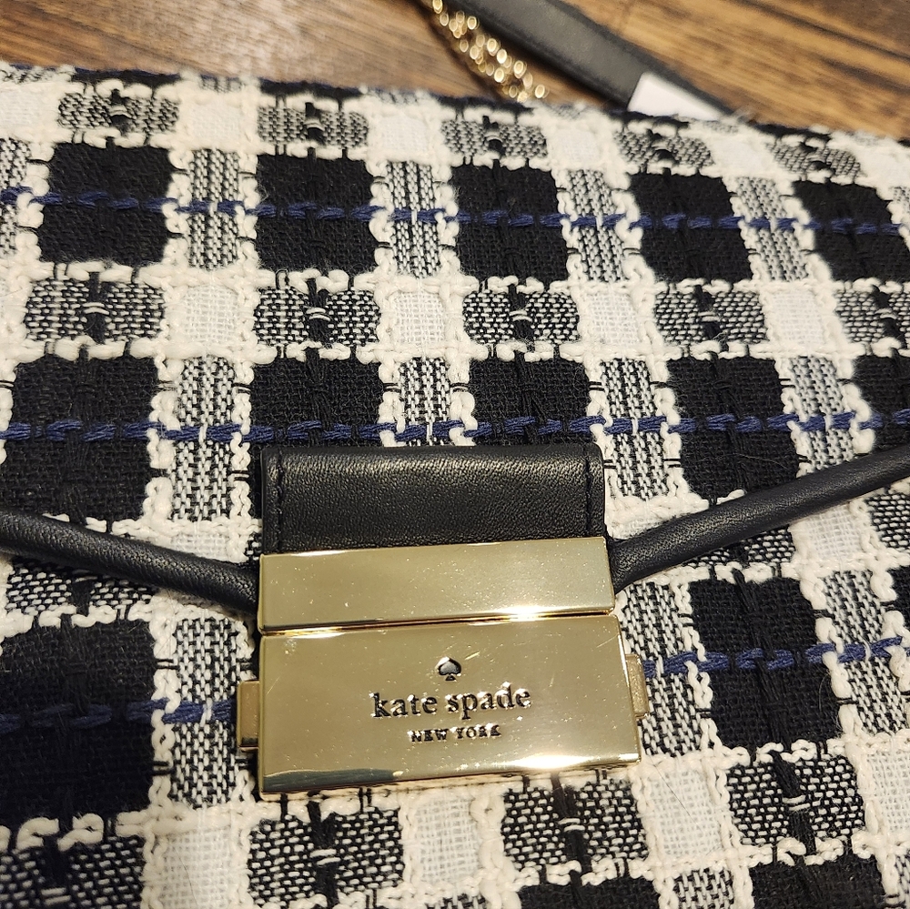 NWT Kate Spade Black, White, Blue Carey Checked Tweed Medium Shoulder Bag Chain - Picture 7 of 15
